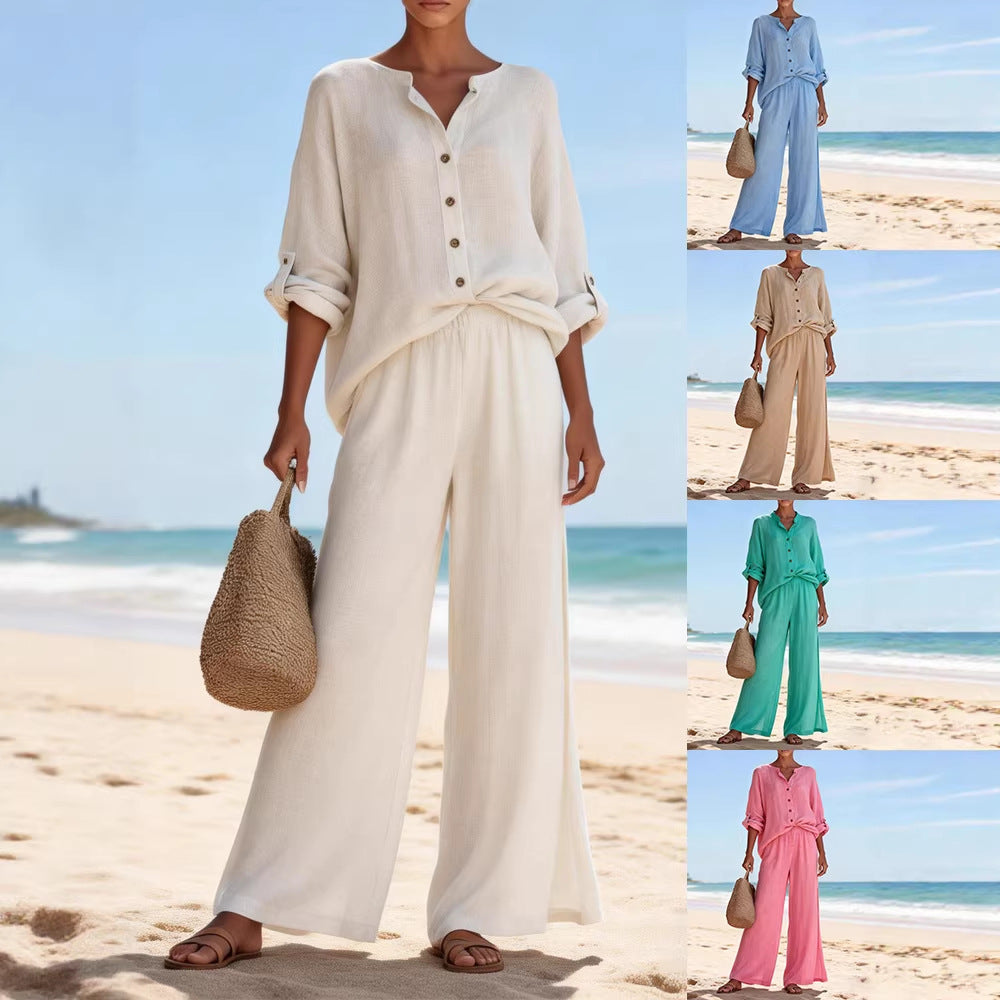 Ensemble chemise à manches longues et col en V pour femme, composé d'un haut et d'un pantalon en coton, disponible en plusieurs couleurs.