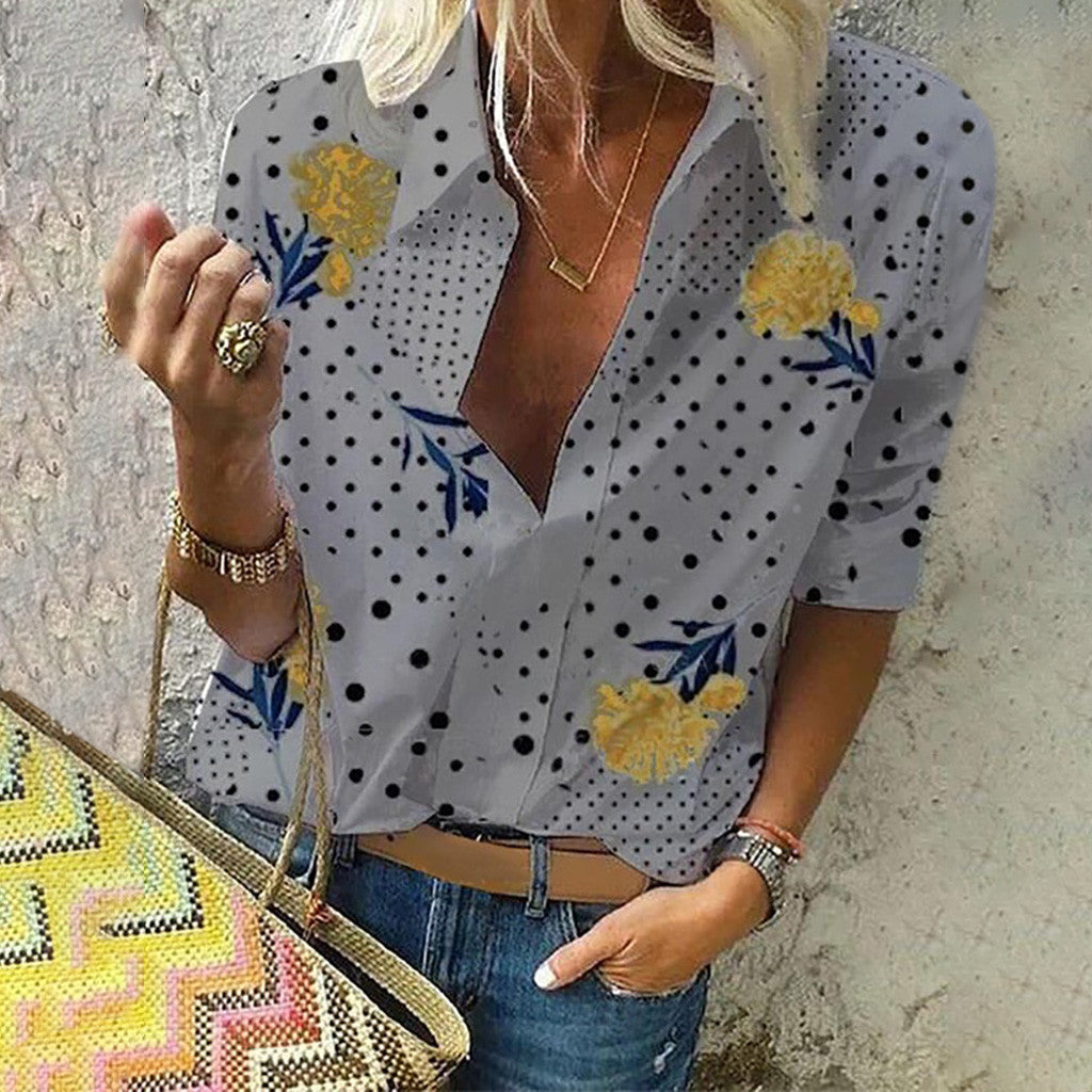 Haut tendance à pois fleuris chics Amelie Morin col V