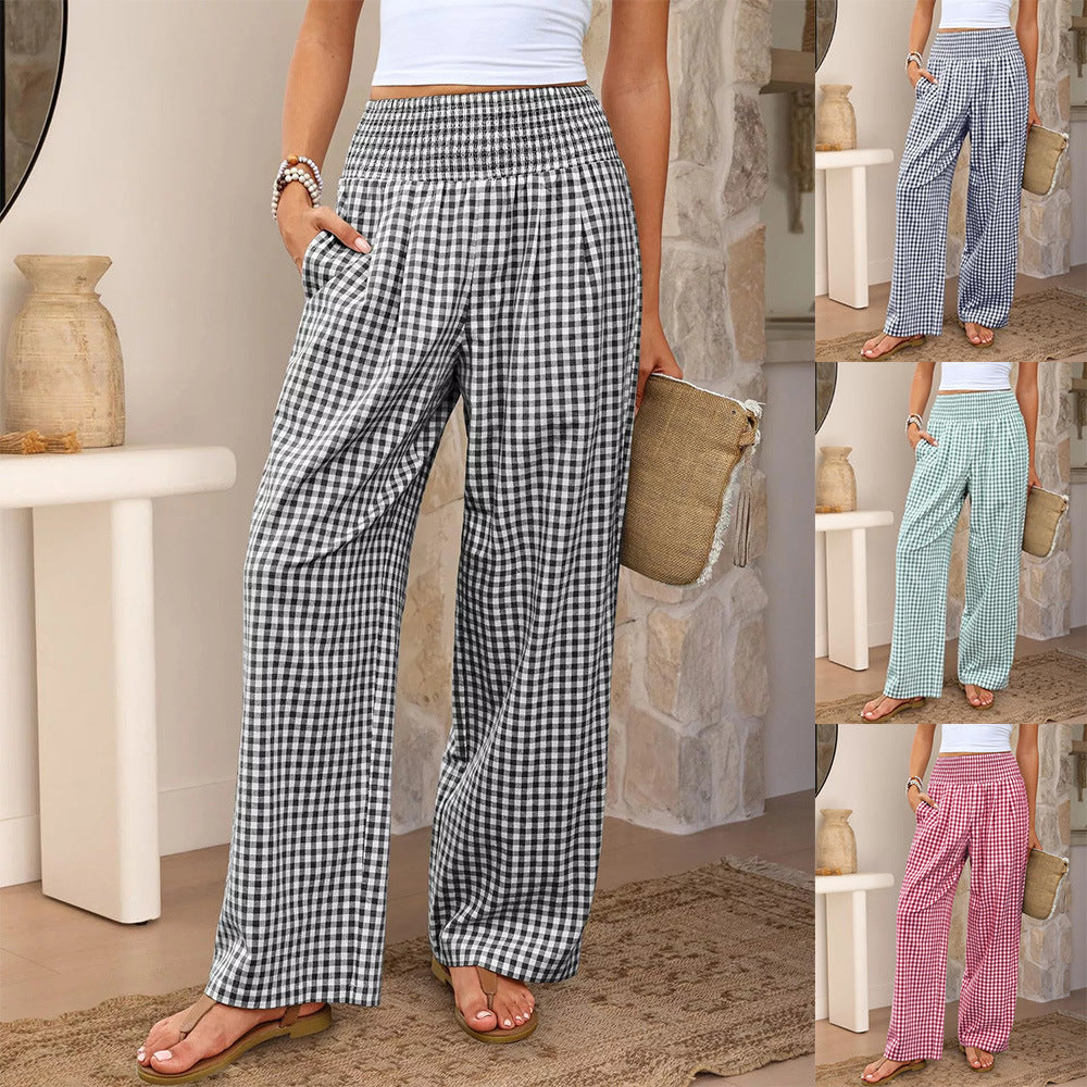Pantalon décontracté à carreaux, coupe ample, jambes larges, avec poches