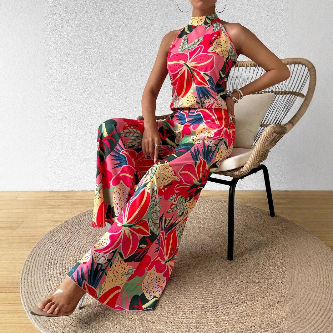 Ensemble débardeur imprimé à col rond et pantalon large pour femme