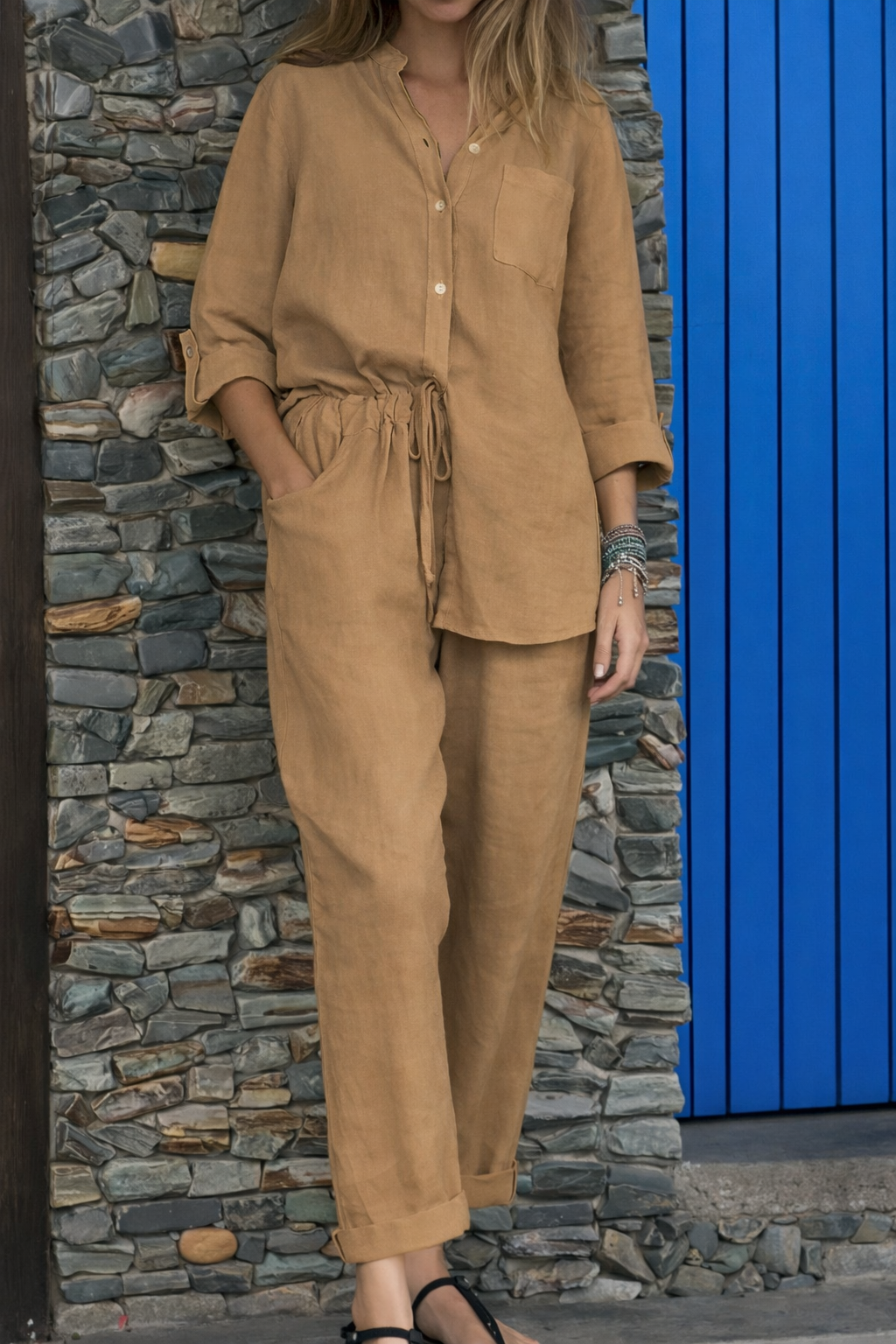 Ensemble chic en coton et lin Amelie Morin, pantalon taille haute