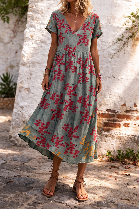 Robe longue maxi en coton à col V et imprimé floral, signée Amélie Morin