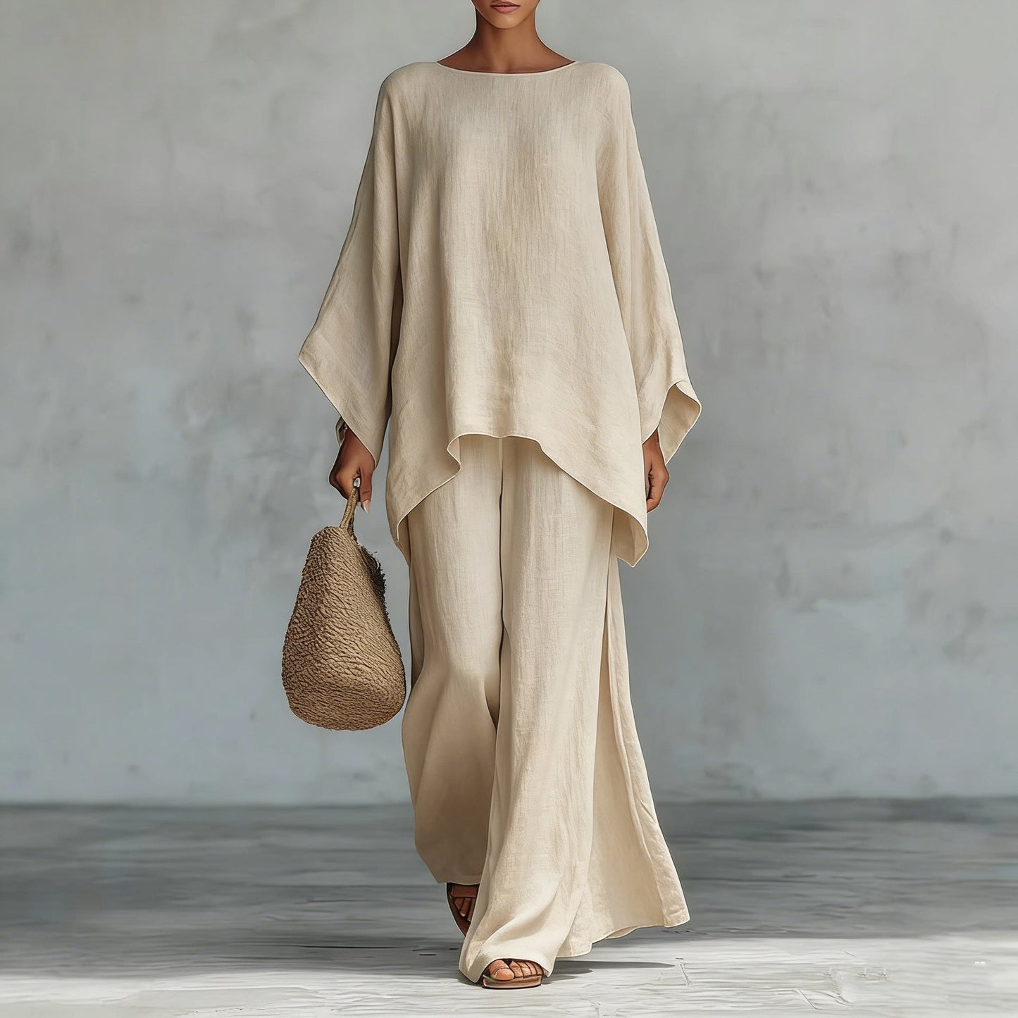 Ensemble minimaliste pour femme composé d'un haut décontracté et d'un pantalon large