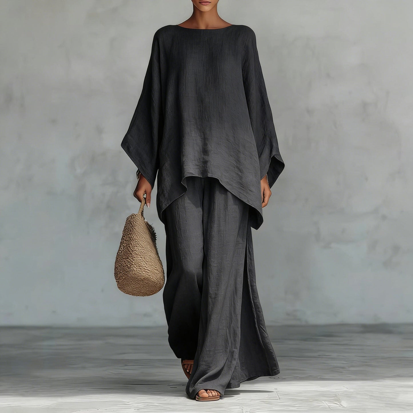 Ensemble minimaliste pour femme composé d'un haut décontracté et d'un pantalon large