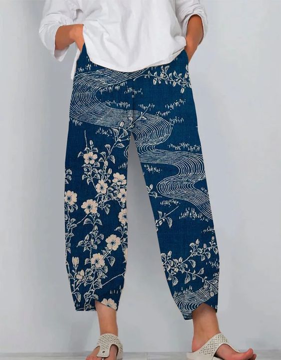 Pantalon en lin artistique Amelie Morin à motif 3D