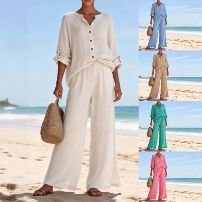 Ensemble chemise à manches longues et col en V pour femme, composé d'un haut et d'un pantalon en coton, disponible en plusieurs couleurs.