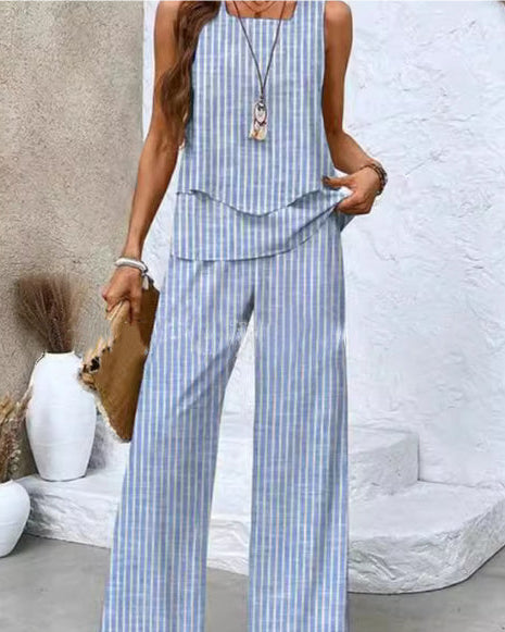 Ensemble imprimé : gilet sans manches double épaisseur et pantalon droit ample (vêtements pour femmes)