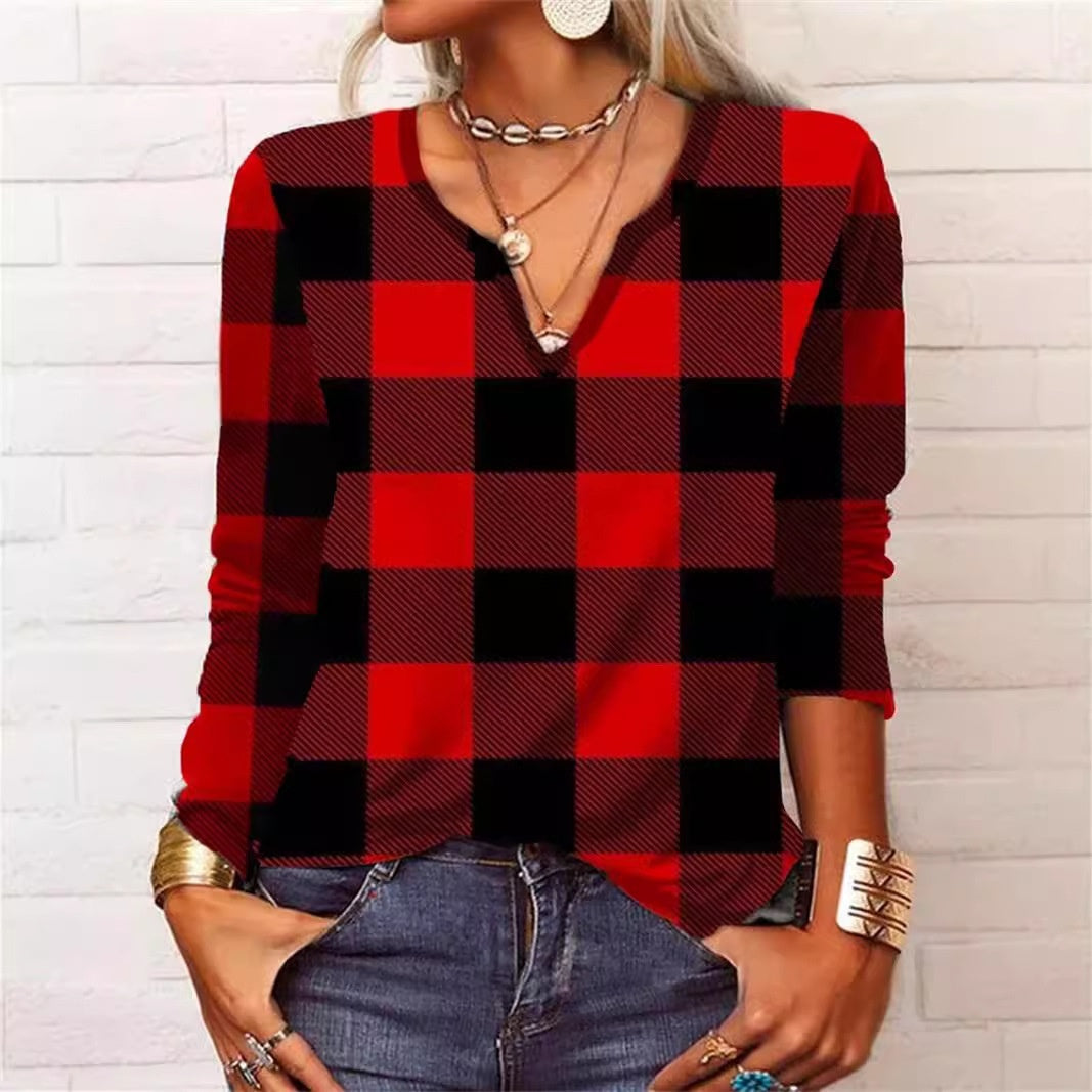 Plaid V-Neck Long Sleeve Top by Elizabeth Ainsley