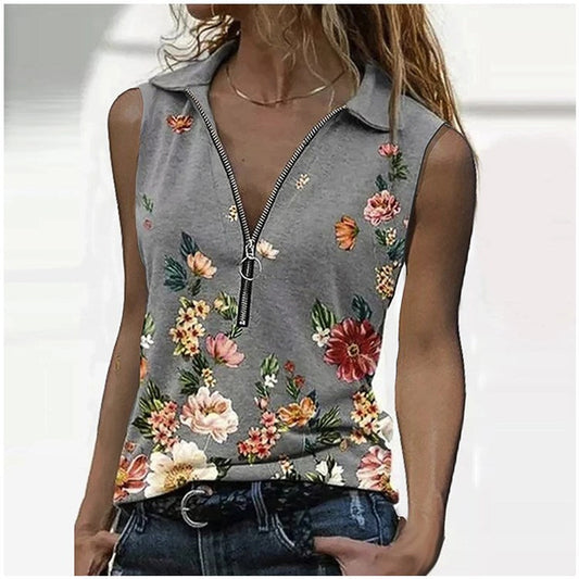 Floral Zip Slim Top Elizabeth Ainsley Sleeveless Blouse