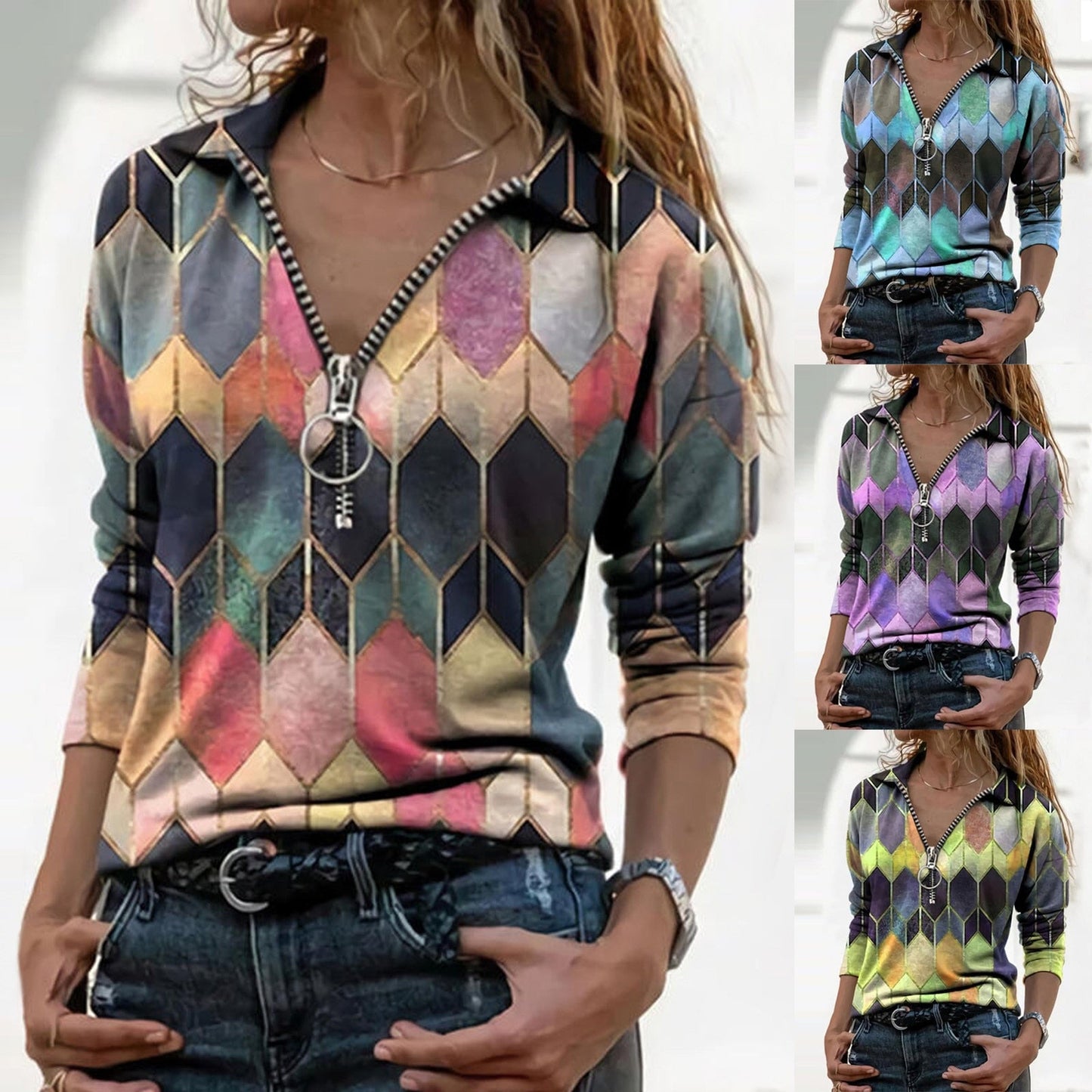 Colorful Zip V-Neck Top Elizabeth Ainsley Perfect-Fit