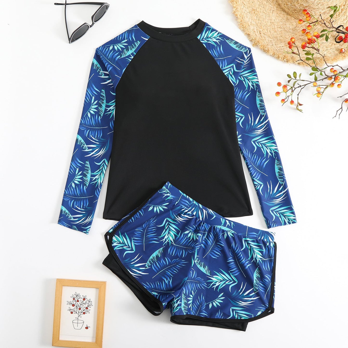 Ensemble tankini à manches longues imprimé feuilles Amélie Morin