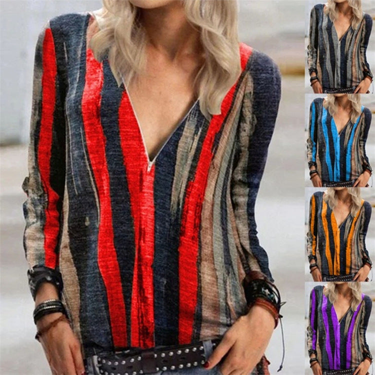 Vibrant Stripe Elizabeth Ainsley V-Neck Zip Top