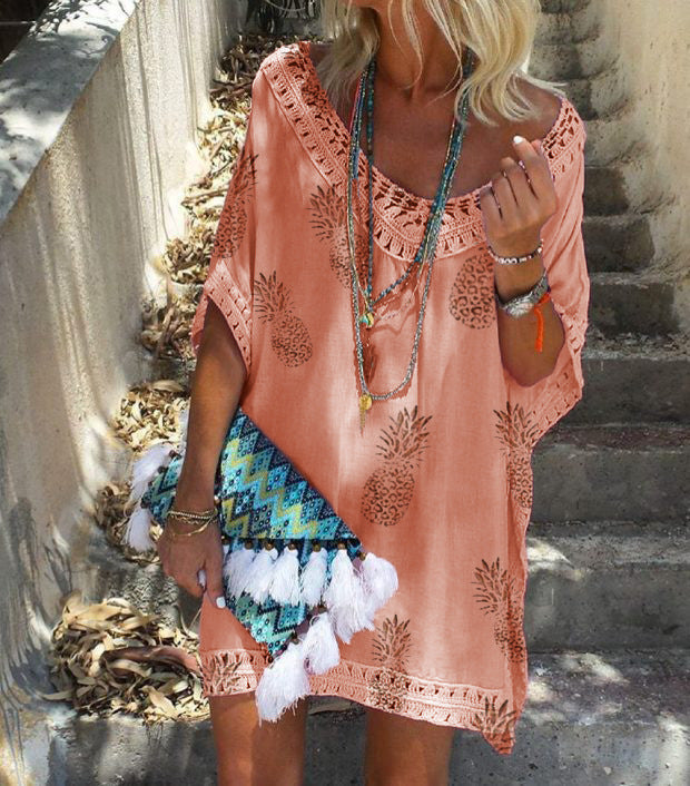 Robe chic imprimée dentelle Amelie Morin été col V