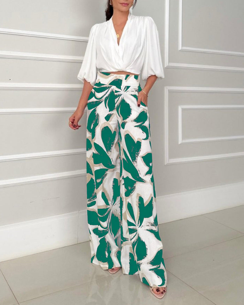 Ensemble pantalon large décontracté et tendance à manches trois-quarts pour femme, style mondain