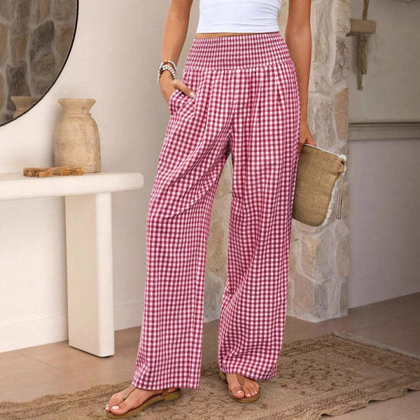 Pantalon décontracté à carreaux, coupe ample, jambes larges, avec poches