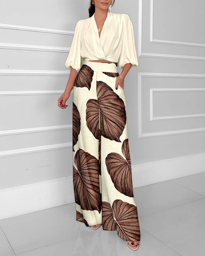 Ensemble pantalon large décontracté et tendance à manches trois-quarts pour femme, style mondain