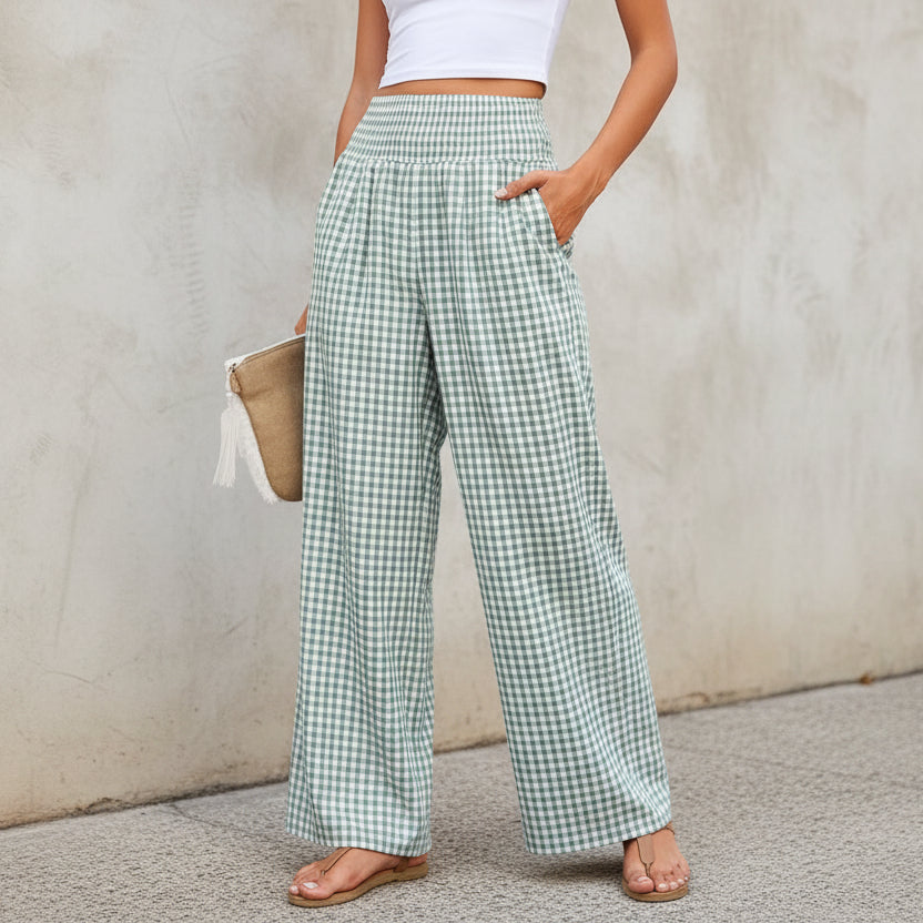 Pantalon décontracté à carreaux, coupe ample, jambes larges, avec poches