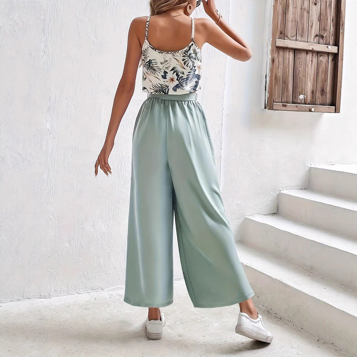 Ensemble haut imprimé décontracté pour femme et pantalon à nouer sur le devant