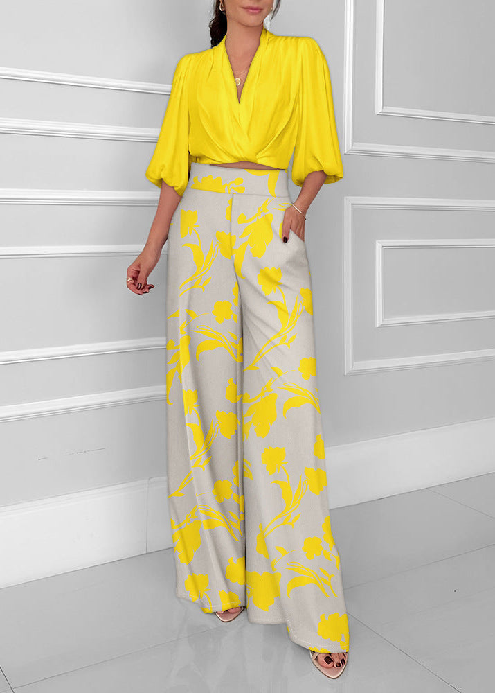 Ensemble pantalon large décontracté et tendance à manches trois-quarts pour femme, style mondain