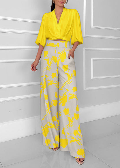 Ensemble pantalon large décontracté et tendance à manches trois-quarts pour femme, style mondain