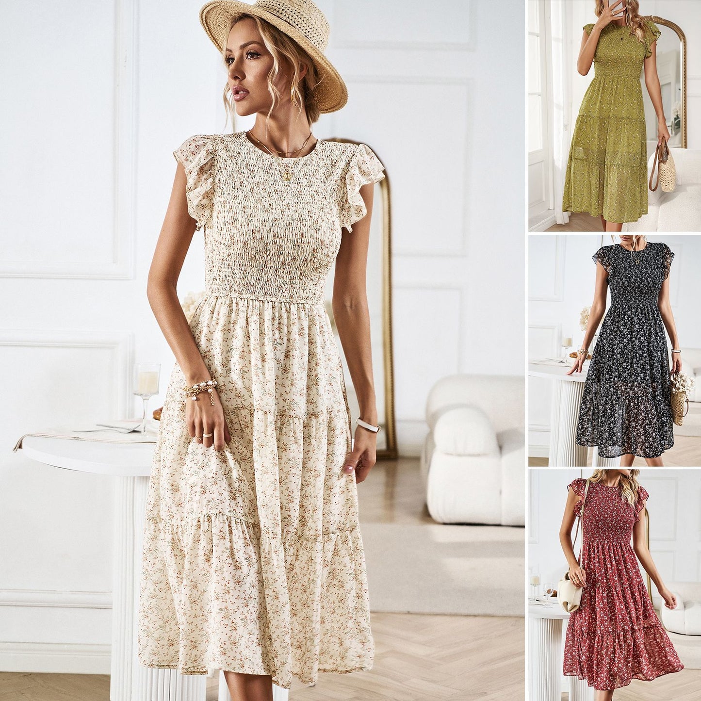 Elegant Floral Elizabeth Ainsley Summer Midi Dress