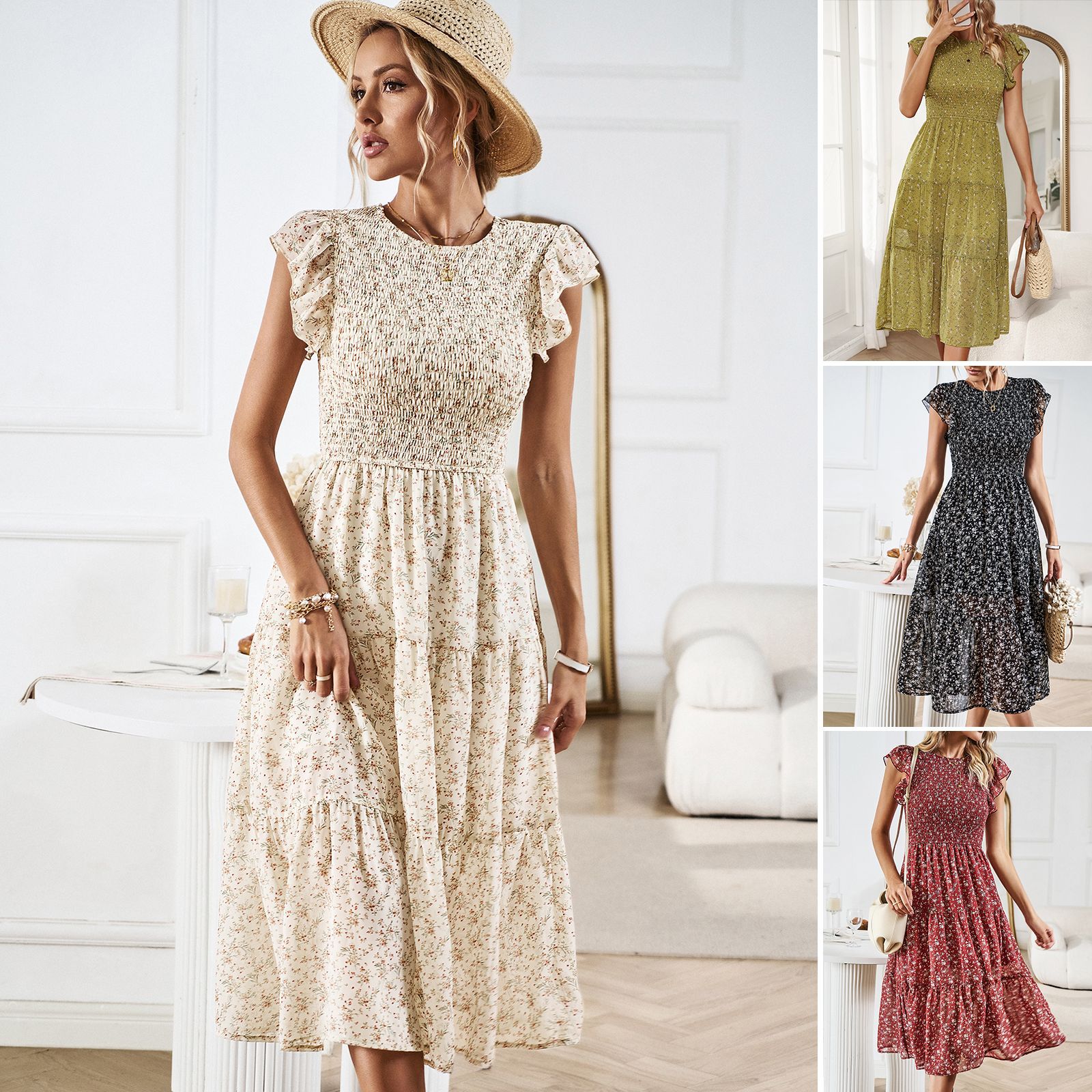 Elegant Floral Elizabeth Ainsley Summer Midi Dress