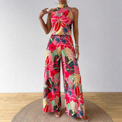 Ensemble débardeur imprimé à col rond et pantalon large pour femme