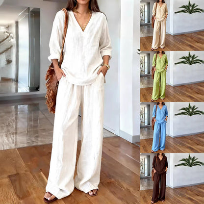 Ensemble haut et pantalon à manches longues en coton multicolore pour femme, prélavé