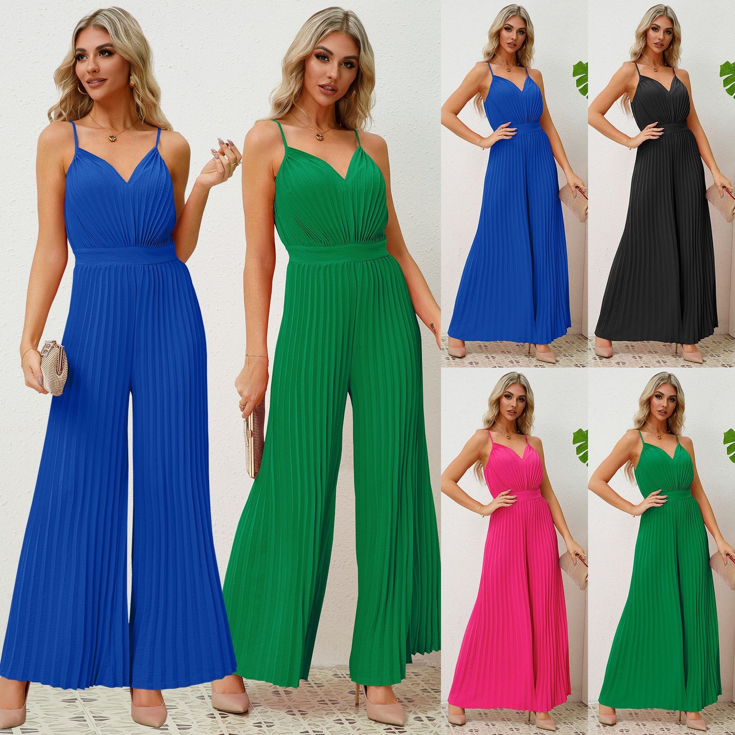 Combinaison-pantalon plissée à bretelles et col en V, couleur unie, pantalon droit ample, vêtements pour femmes