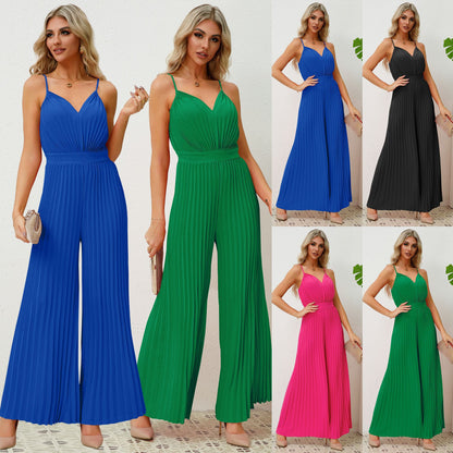 Combinaison-pantalon plissée à bretelles et col en V, couleur unie, pantalon droit ample, vêtements pour femmes