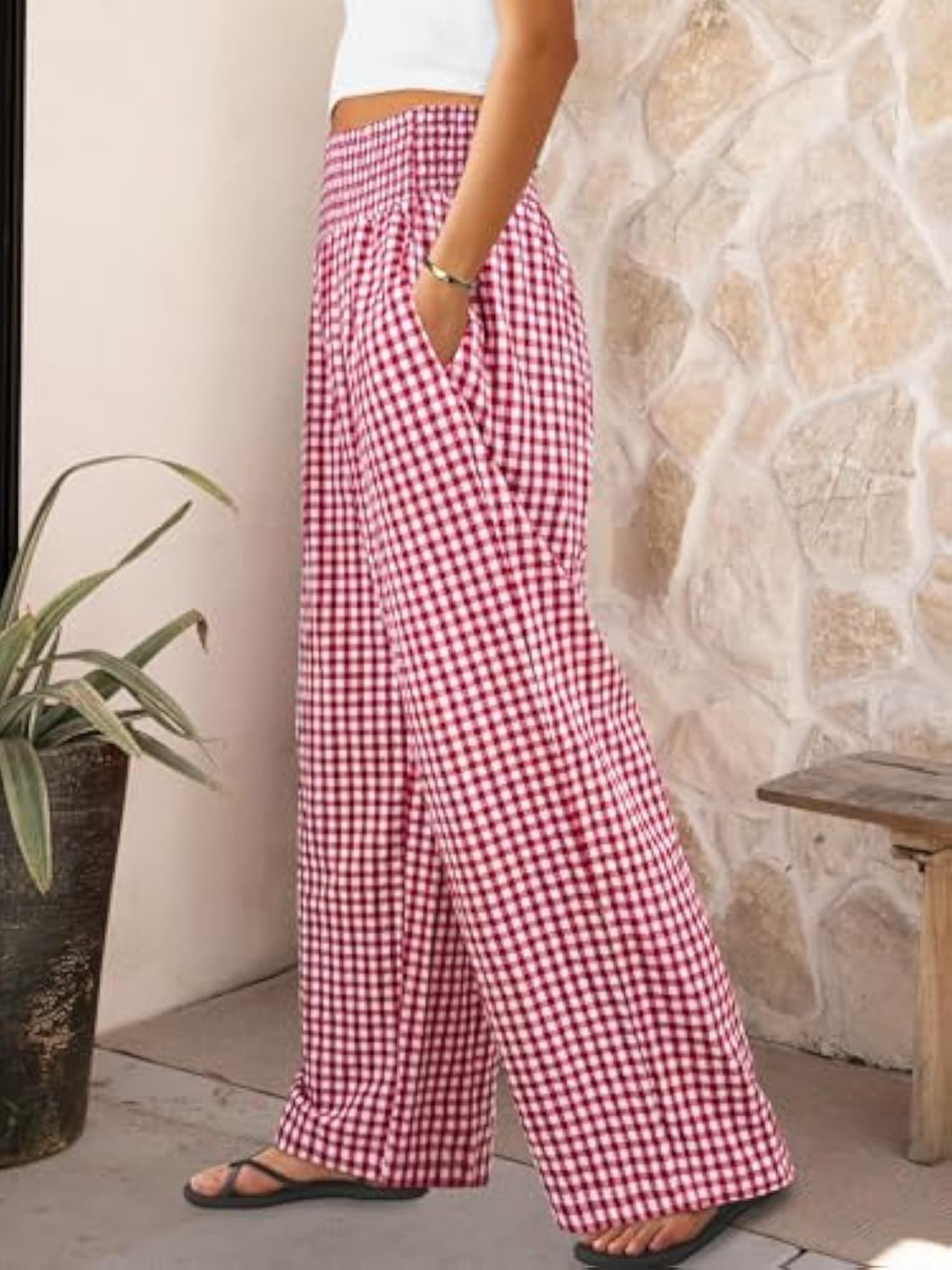 Pantalon décontracté à carreaux, coupe ample, jambes larges, avec poches