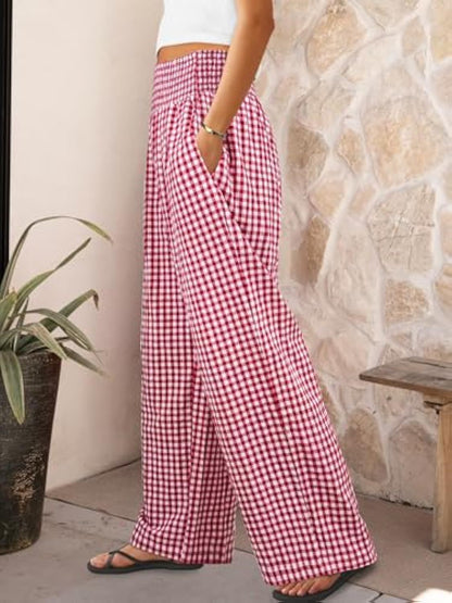 Pantalon décontracté à carreaux, coupe ample, jambes larges, avec poches