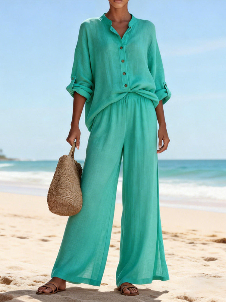 Ensemble chemise à manches longues et col en V pour femme, composé d'un haut et d'un pantalon en coton, disponible en plusieurs couleurs.
