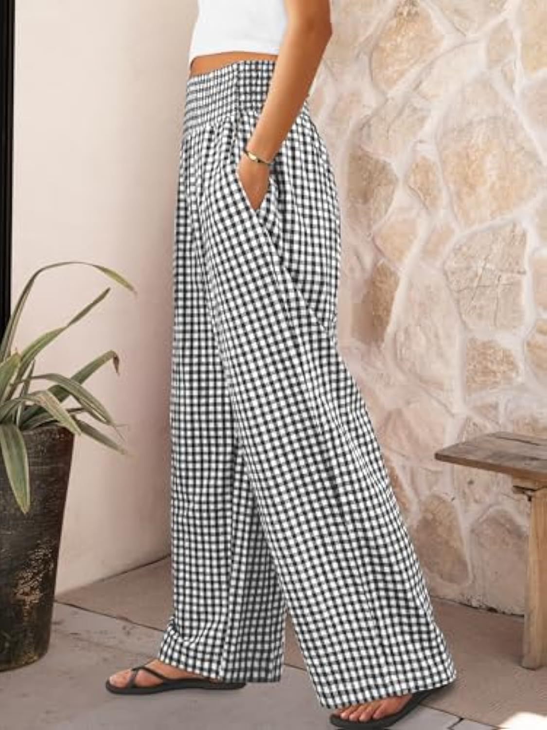 Pantalon décontracté à carreaux, coupe ample, jambes larges, avec poches