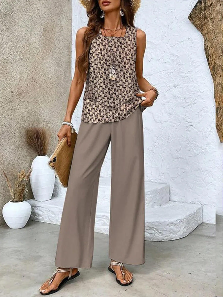 Ensemble imprimé : gilet sans manches double épaisseur et pantalon droit ample (vêtements pour femmes)
