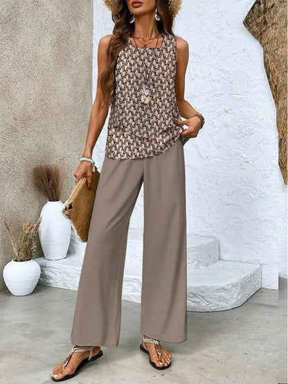 Ensemble imprimé : gilet sans manches double épaisseur et pantalon droit ample (vêtements pour femmes)
