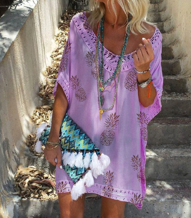 Robe chic imprimée dentelle Amelie Morin été col V
