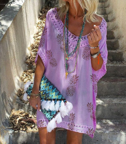 Robe chic imprimée dentelle Amelie Morin été col V