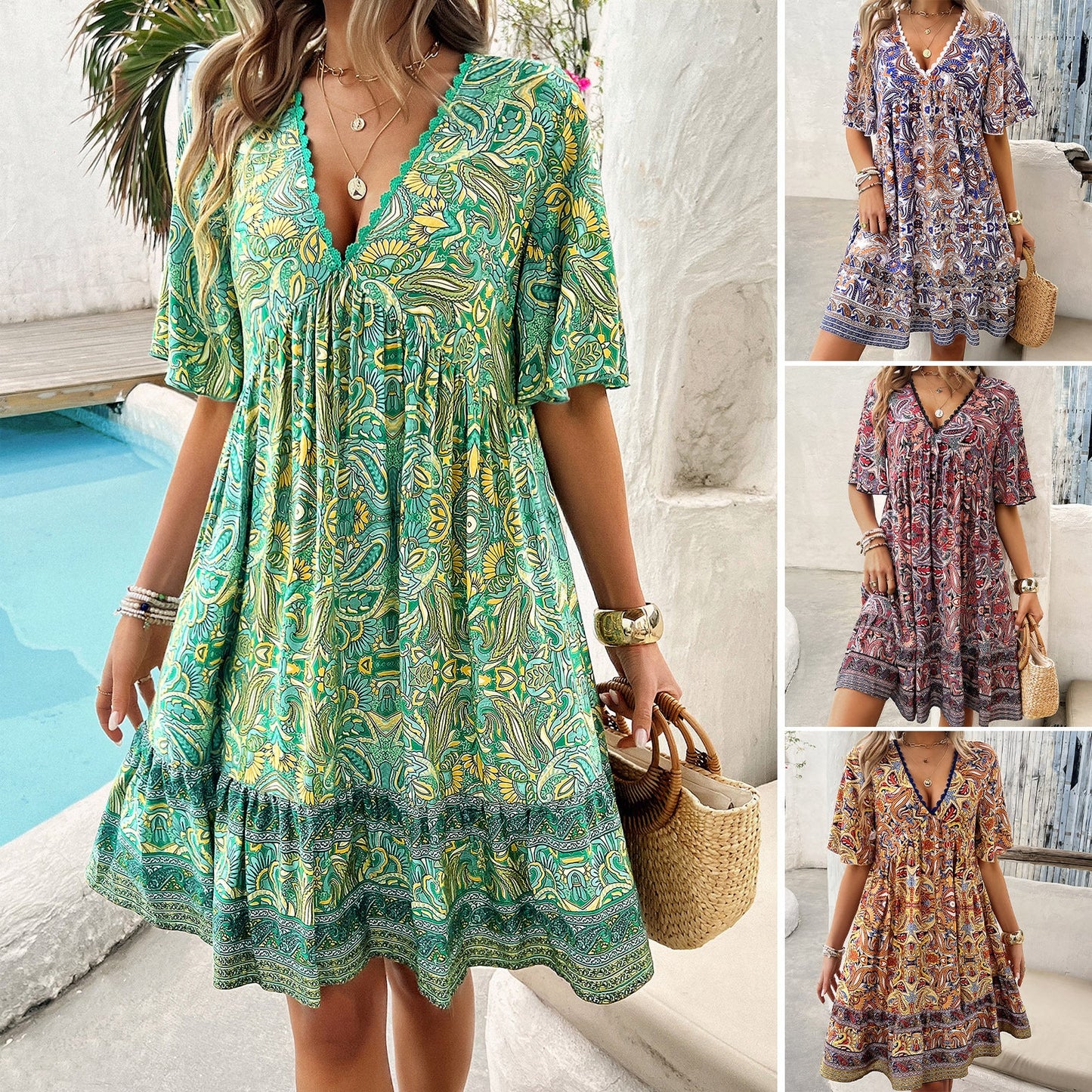 Robe bohème imprimée à col en V par Amélie Morin
