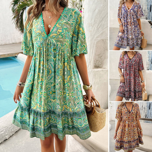 Robe bohème imprimée à col en V par Amélie Morin