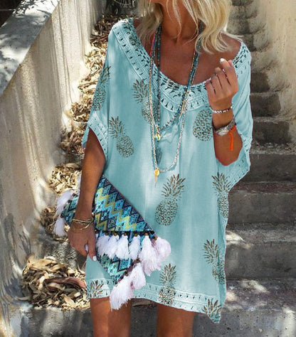 Robe chic imprimée dentelle Amelie Morin été col V