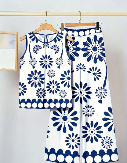 Ensemble deux pièces imprimé tendance pour femme : débardeur asymétrique sans manches et pantalon.