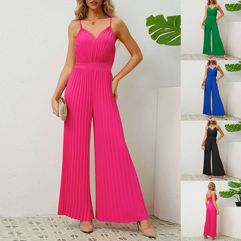 Combinaison-pantalon plissée à bretelles et col en V, couleur unie, pantalon droit ample, vêtements pour femmes