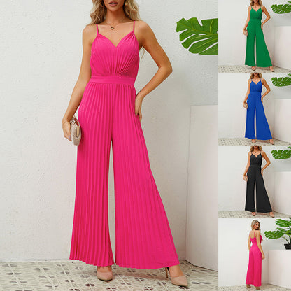 Combinaison-pantalon plissée à bretelles et col en V, couleur unie, pantalon droit ample, vêtements pour femmes