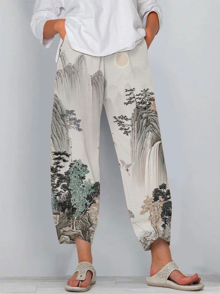 Pantalon en lin artistique Amelie Morin à motif 3D
