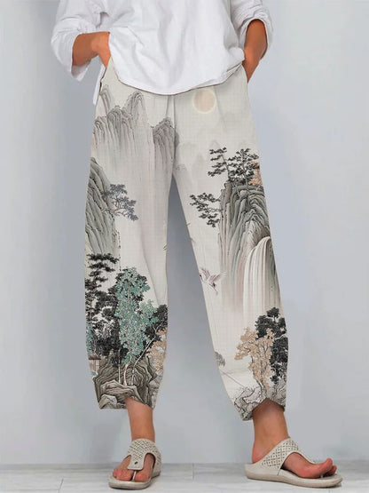 Pantalon en lin artistique Amelie Morin à motif 3D