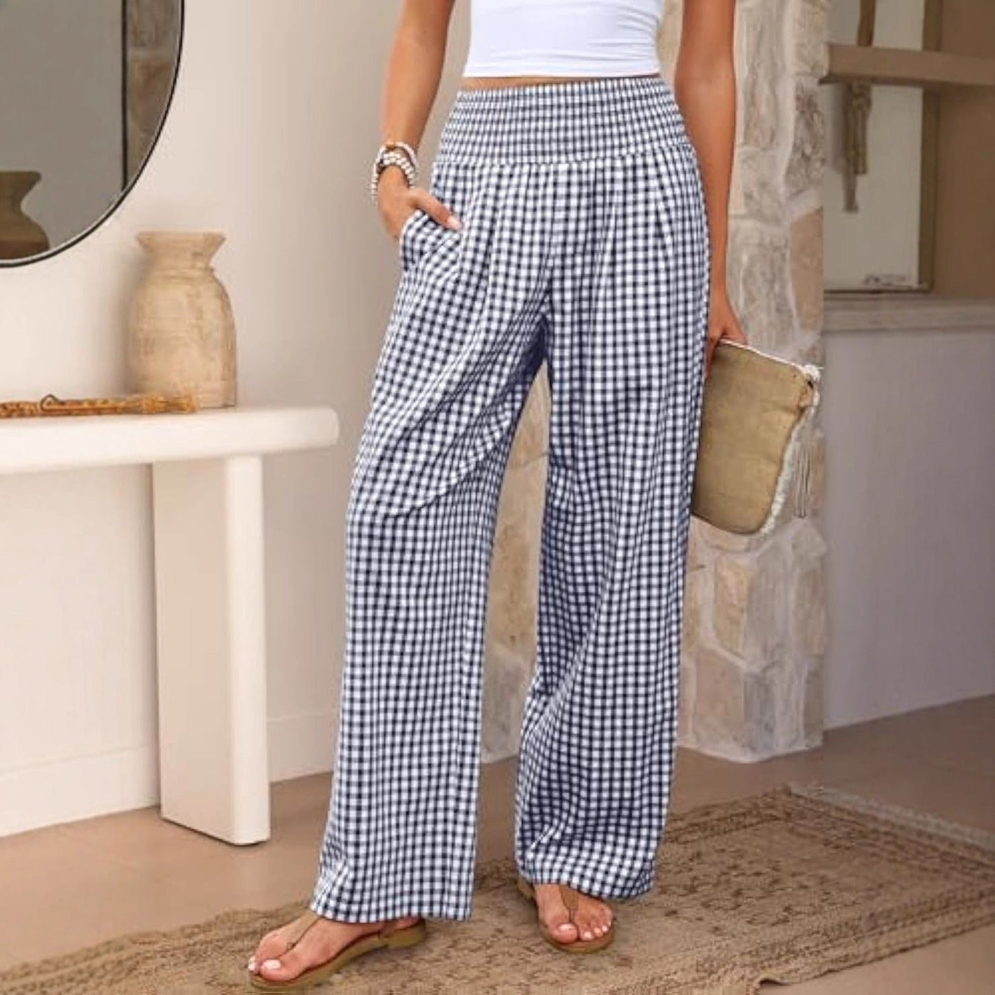 Pantalon décontracté à carreaux, coupe ample, jambes larges, avec poches
