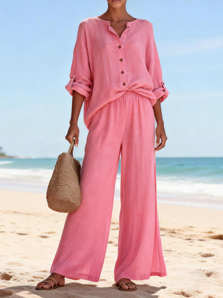 Ensemble chemise à manches longues et col en V pour femme, composé d'un haut et d'un pantalon en coton, disponible en plusieurs couleurs.