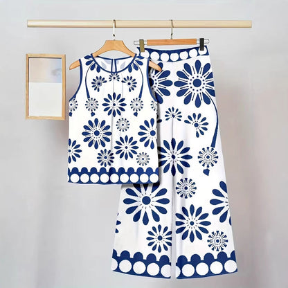 Ensemble deux pièces imprimé tendance pour femme : débardeur asymétrique sans manches et pantalon.