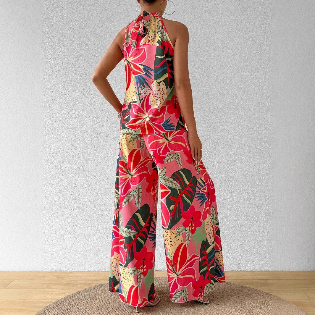 Ensemble débardeur imprimé à col rond et pantalon large pour femme